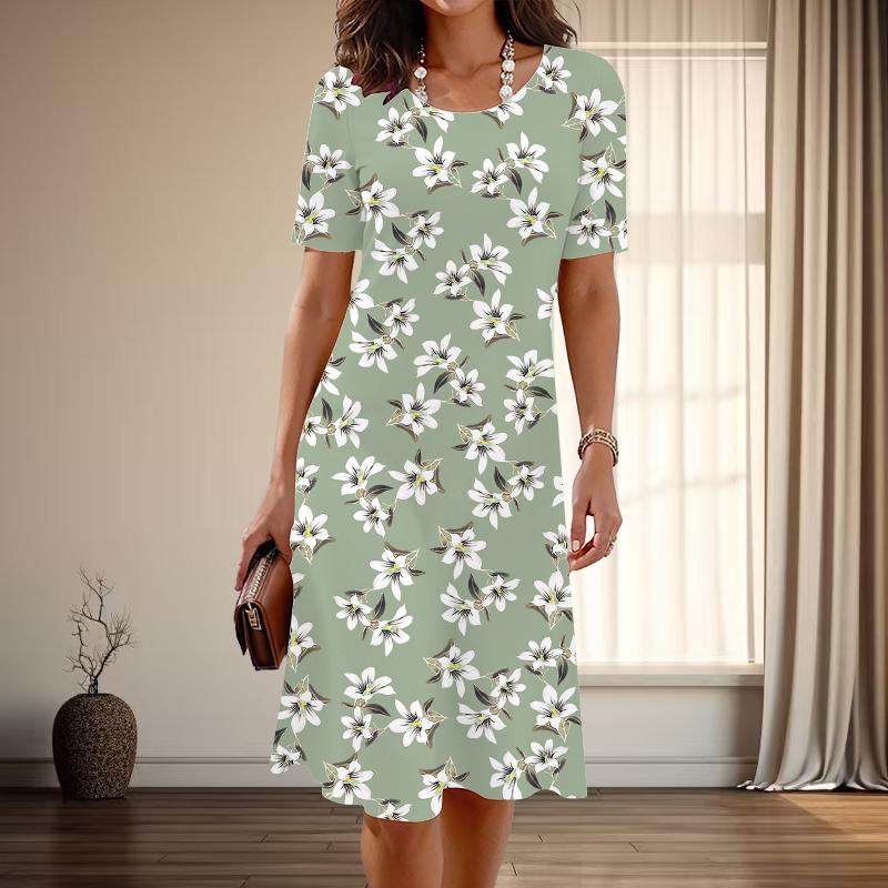 Women's Fashion Graceful Flower Print Summer Spring Short Sleeve O-Neck Casual Dresses