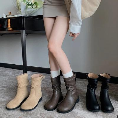 Виноградная мама осень и зима короткие сапоги корейская версия плиссированные присборенные сапоги на толстой подошве ботинки Мартина стройнящие сапоги выглядят стройно и модно