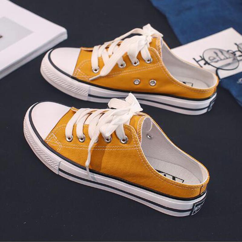 Summer Casual Low-top Shallow-mouth Canvas Shoes half-Support Women's Cloth Shoes Lazy Shoes Student Skate Shoes