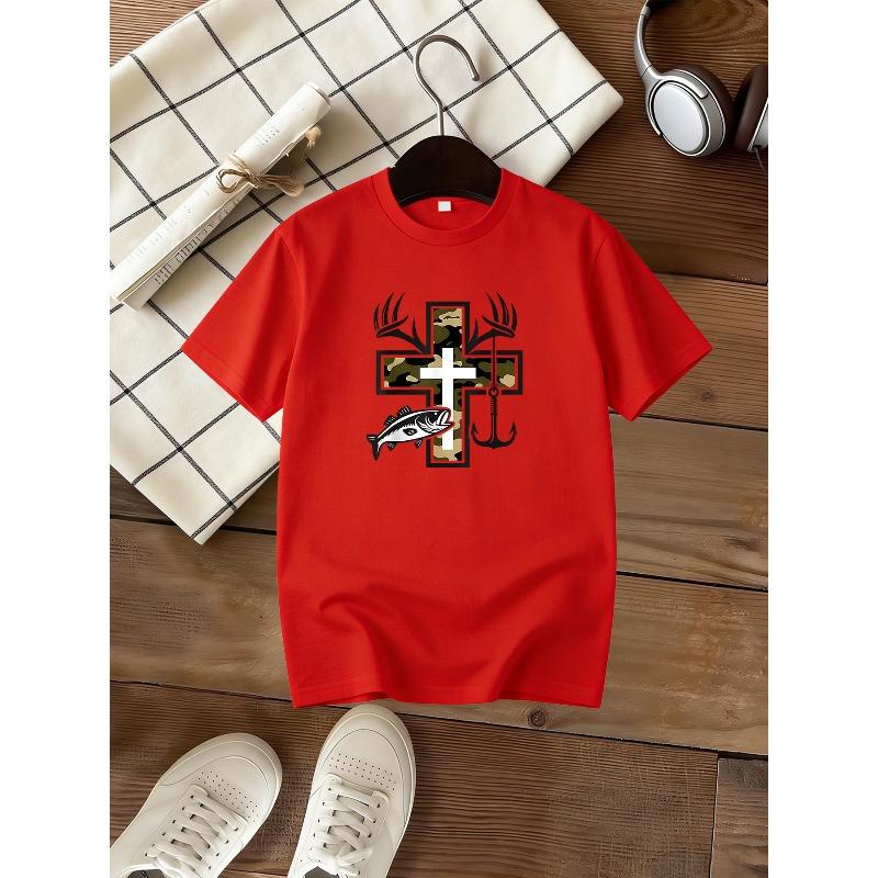 Kids Crewneck Short Sleeve T-Shirt, Fun Fishing & Cross Print Comfort Casual Tee