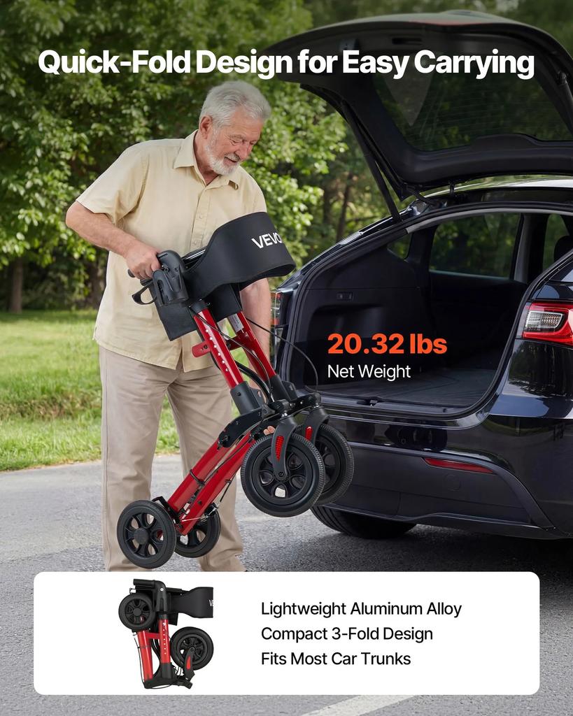 VEVOR Rollator Walker with Seat for Seniors, Ultra Compact 3-Fold Rolling Walker, Lightweight Aluminum Mobility Walking Aid with PU Solid Wheels