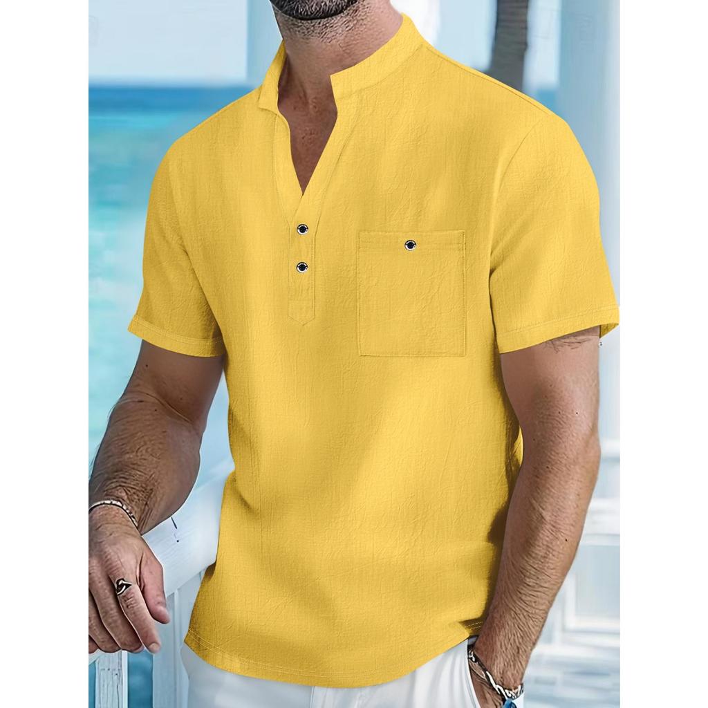 Men's Cotton and Linen Short Sleeved Stand Up Collar Half Buttoned Shirt - Spring and Summer Casual Outdoor Wear