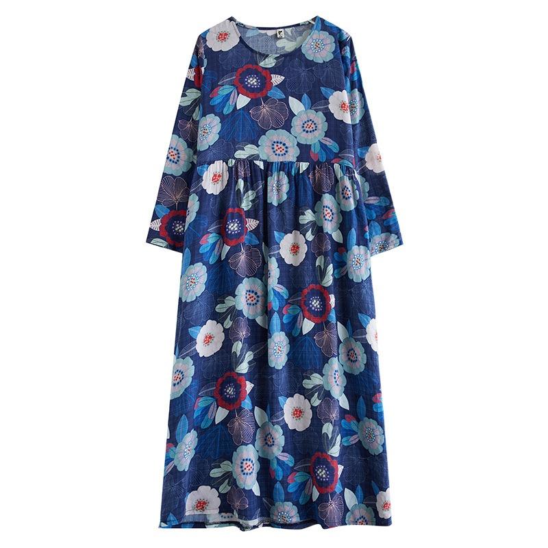 Осеннее литературное платье больших размеров из хлопка и льна с принтом, круглым вырезом и длинными рукавами для женщин, платья