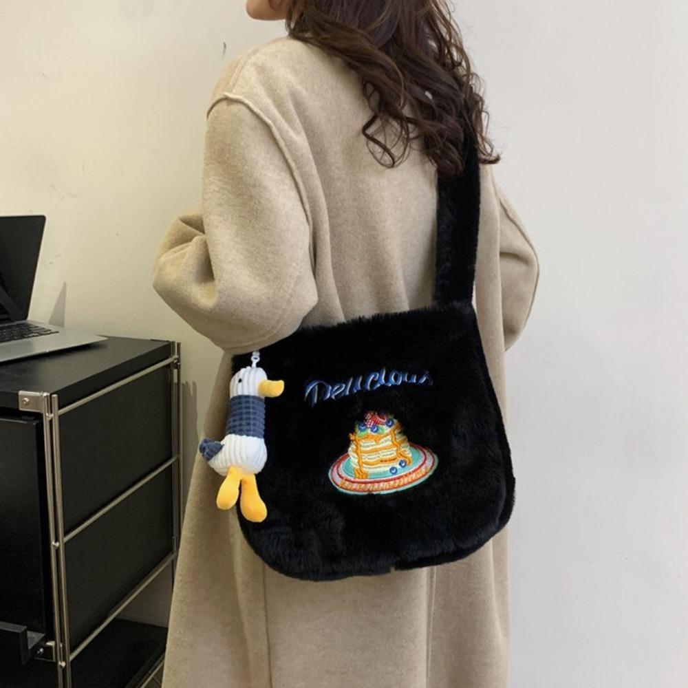 Commuting Plush Shoulder Bag Cute Underarm Bag Soft Donut Embroidered Crossbody Bag  Female