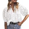 Женские топы V-образный вырез пышные короткие рукава ажурная вязаная крючком рубашка однотонная свободного кроя блузка для отдыха на открытом воздухе