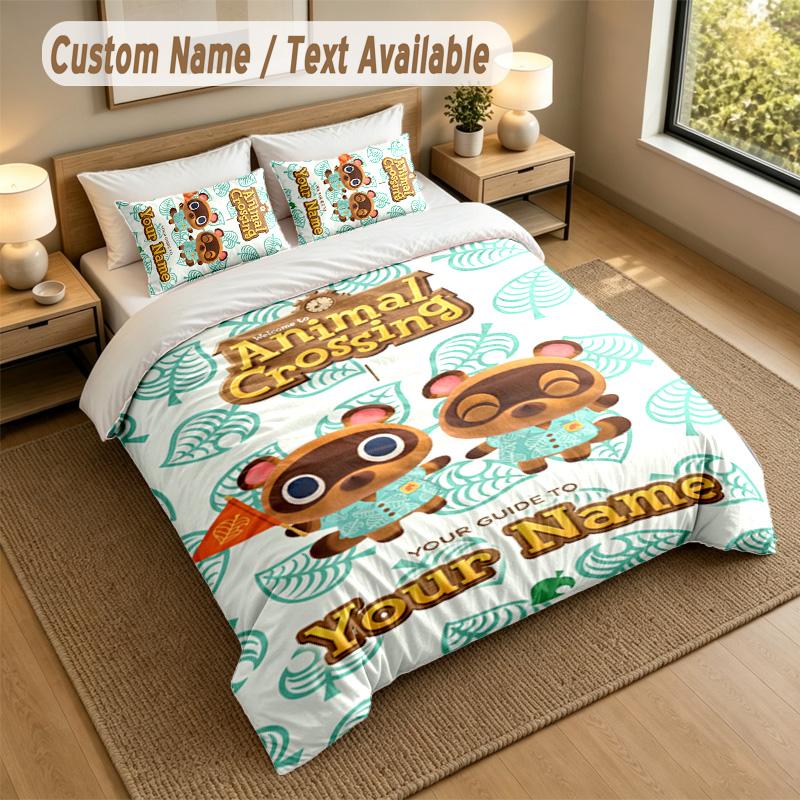 3Pcs Bedding Set Custom Name Text, 1 Sheet 2 Pillowcases Home Bed DecorAnimal Crossing