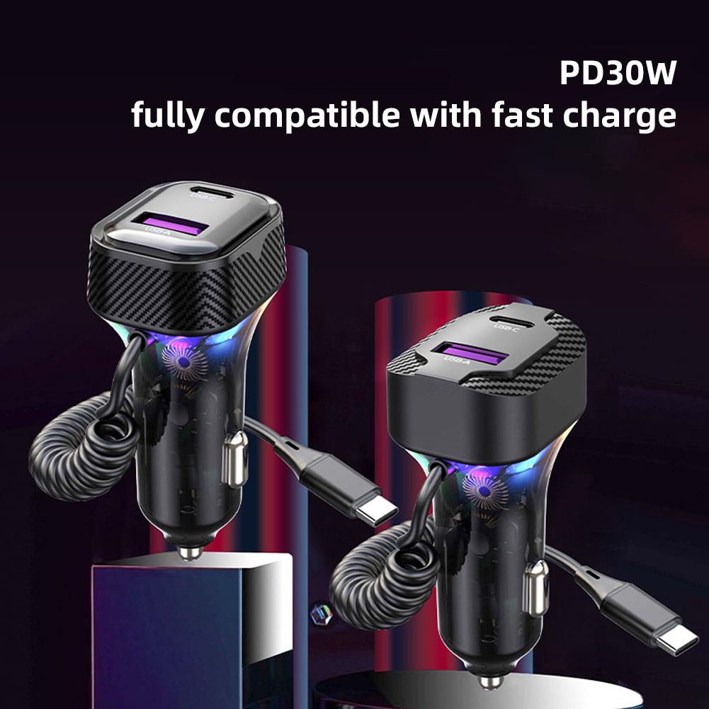 PD 30W быстрое автомобильное зарядное устройство с пружинной проволокой атмосферный свет прикуриватель конвертер 3 выхода для автомобилей 12V-24V #468740