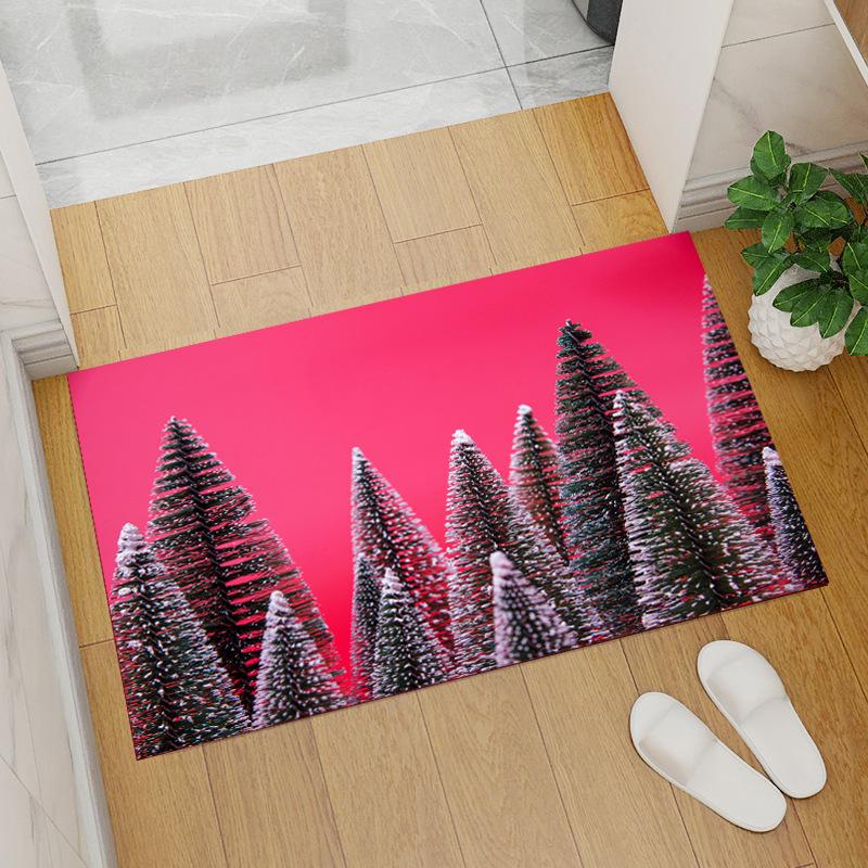 Red Coral Fleece Christmas Floor Mat with Santa Claus and Tree Design