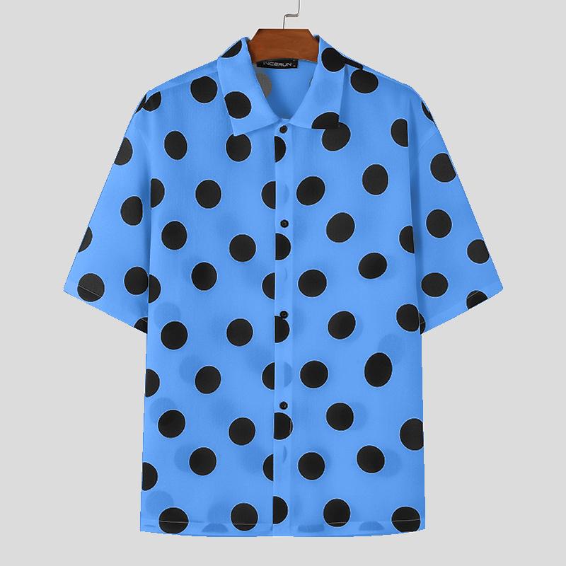 INCERUN Мужские рубашки с отложным воротником и коротким рукавом в горошек, повседневные свободные топы