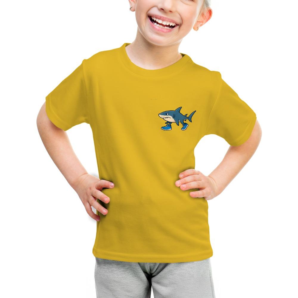 Модная детская футболка с акулой на ходу, горчичного цвета, для мальчиков и девочек, подарок на день рождения, одежда для детей на все сезоны, активные малыши