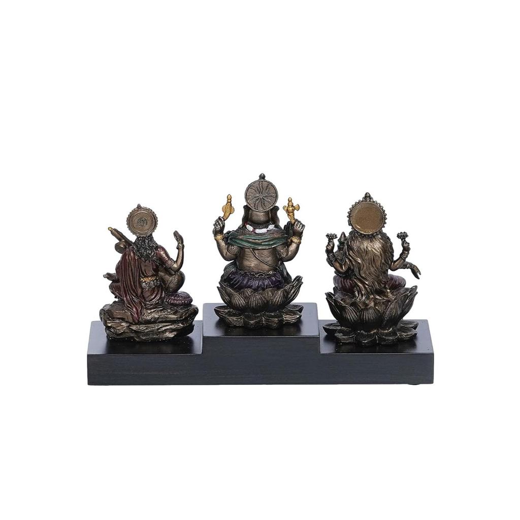 NEW Ganesha Laxmi Saraswari On Base Cold Cast Bronze Resin Decorative Figurine, Brown,