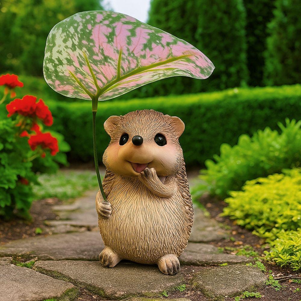 Cute Leaf Umbrella Hedgehog Figurine Weatherproof Handmade Garden Hedgehog Statue Resin Small Hedgehog Sculpture