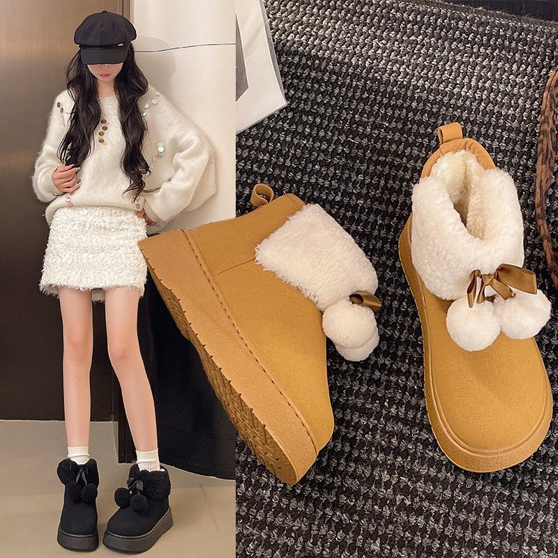 Милые ботинки-дутики на толстой подошве с бантом из помпона, женские зимние теплые хлопковые ботинки, женские короткие ботинки с мехом, женский большой размер