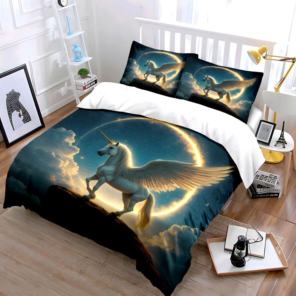 Unicorn Design Art Set Decor Bedding Set with 1 Duvet Cover 2 Pillowcases Single Double King Queen, Gift