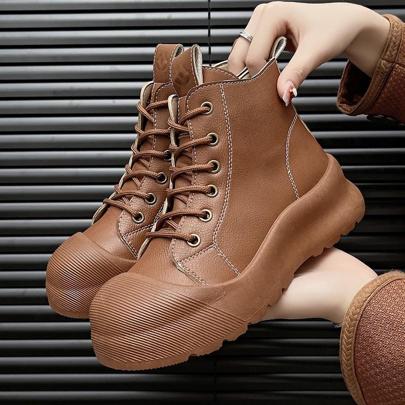 Мода 2024 Весна и Осень Новая Модная Верхняя Одежда Женские Ботильоны с Ремешком Спереди Однотонные Толстая Подошва Модные Ботинки