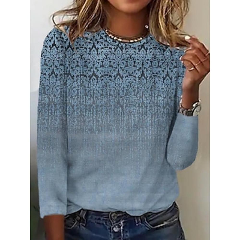 Женская рубашка блузка с принтом повседневная выходная уличная одежда повседневная с длинным рукавом круглый вырез синяя весна осень