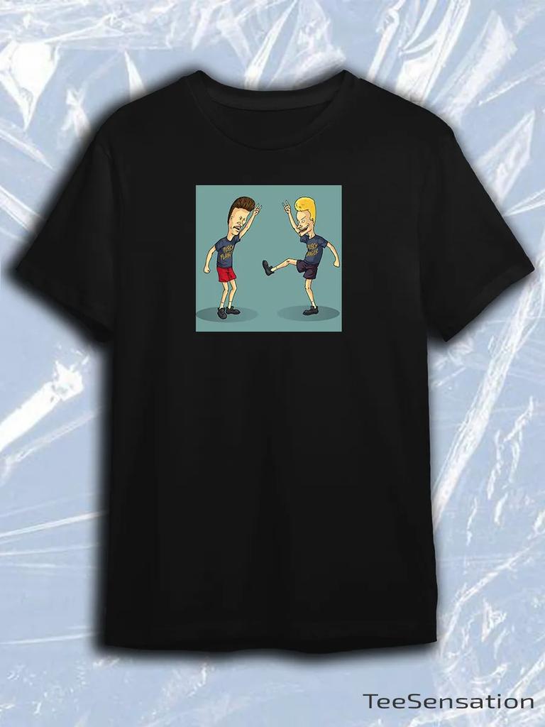 TeeSensation Black Crew Neck Short Sleeve T-Shirt with Beavis and Butt-Head Dancing Rock Green Print