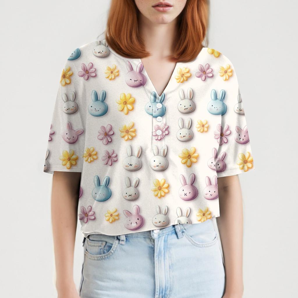 Women's T Shirt Print Button Short Sleeve Daily Weekend Fashion Basic V- Neck Regular Top