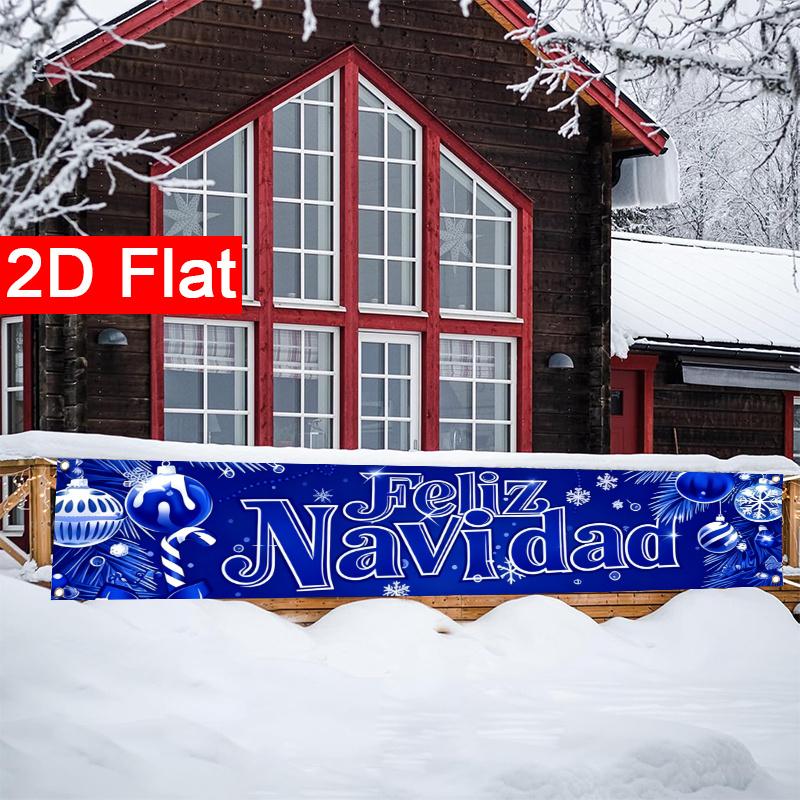 Spanish White Merry Christmas Christmas Yard Banner, Polyester Outdoor Fence Decor Garden Sign