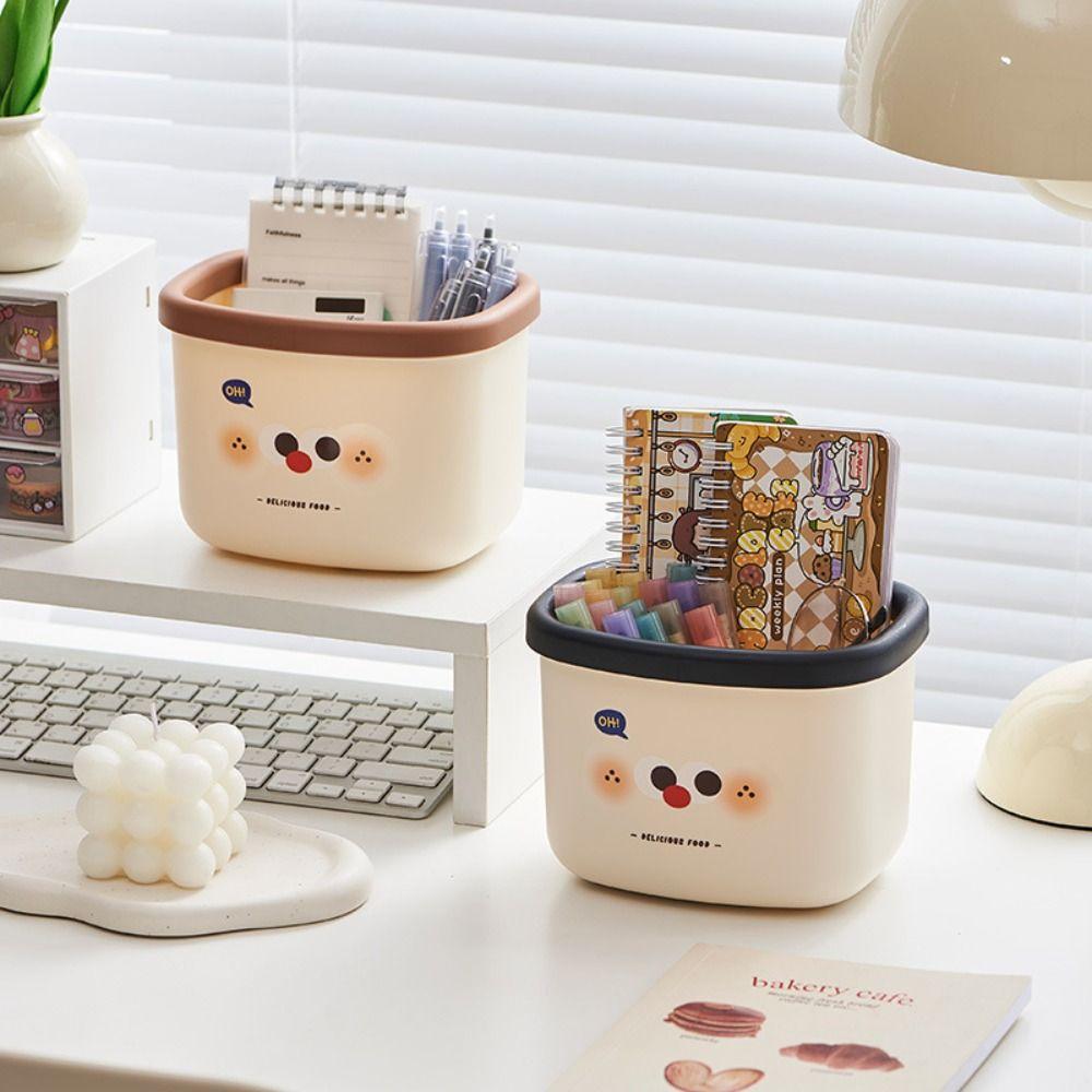 Cartoon Design Desktop Trash Can Pen Holder Mini Covered Bin Bedroom Storage