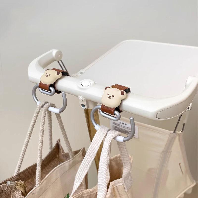 Baby Stroller Hooks 1/2Pcs Cute Bear PU Leather Non-Slip Hangers for Holding Groceries Diaper Bags Stroller Accessories