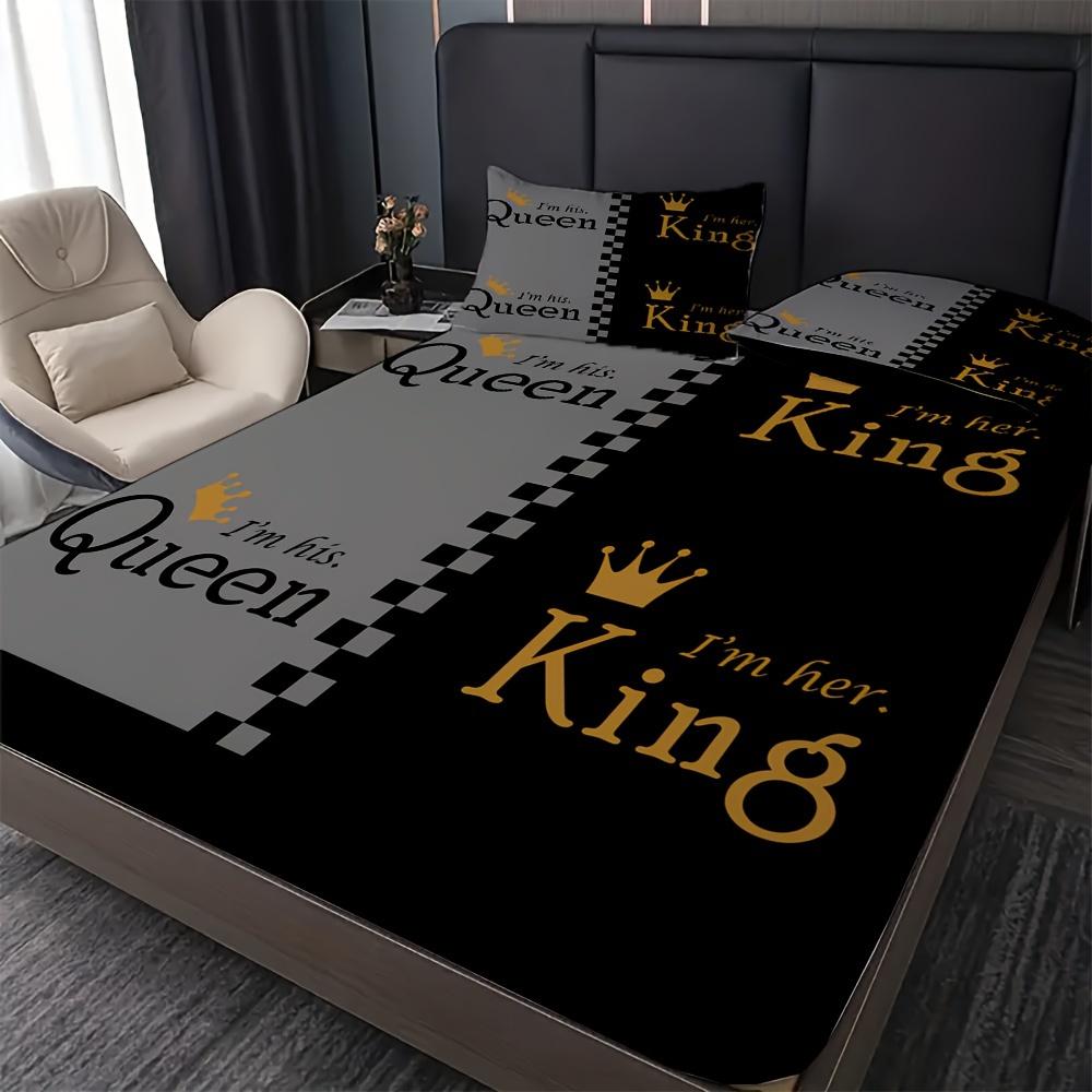 Комплект простыней на резинке с принтом Queen King Golden Crown Couple, 1 простыня на резинке + 2 наволочки, чехол для матраса, мягкий дышащий комплект постельного белья