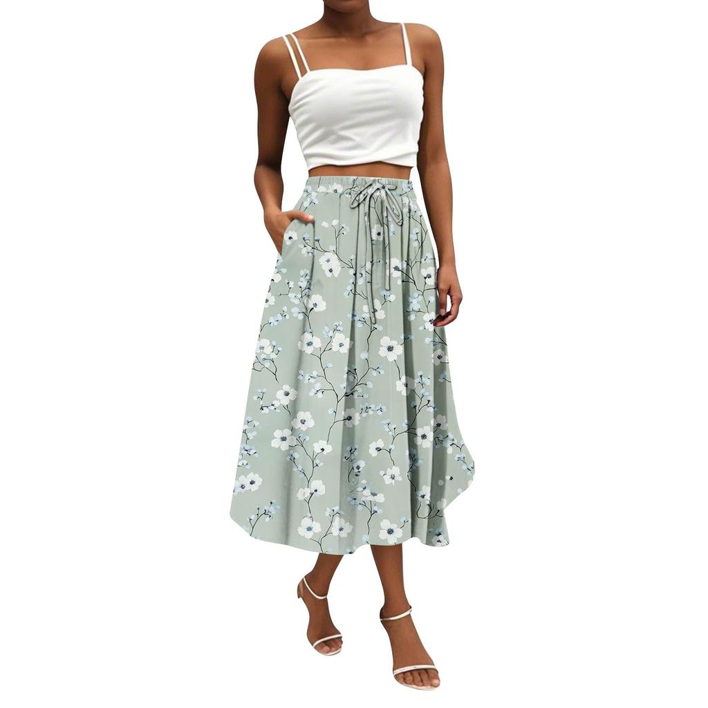 Женская юбка в стиле бохо с цветочным принтом, однотонная повседневная юбка с карманами