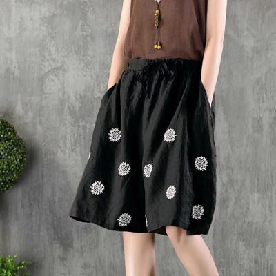 Женские льняные полушорты с принтом в стиле ретро, ​​свободные повседневные модные шорты с широкими штанинами и завязками