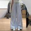 Extended Length Blue Low Waist Wide Leg Casual Trousers for Women Summer Striped Trousers with Lazy Draping Sense and Floor Length Design