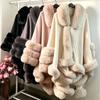 Женский oversized вязаный кейп с отделкой из искусственного меха, капюшоном, накидка-пальто, с длинным рукавом, средней длины, зимняя теплая верхняя одежда