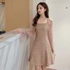 Autumn Style Feminine Dresses Mid Length Mesh Splicing Long Sleeves with Waist Cinching for Slimming Effect Chic Vestidos