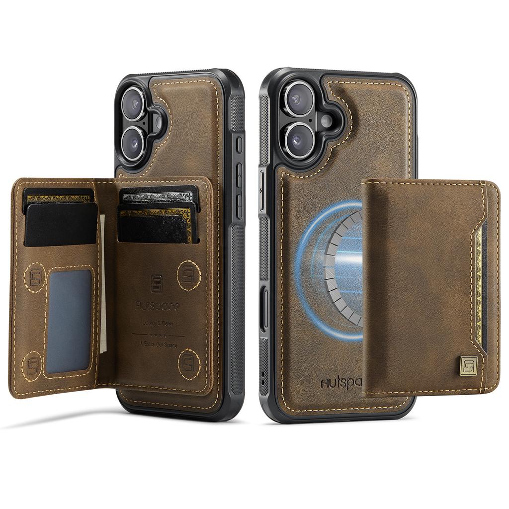 Чехол для iPhone 16 Plus AUTSPACE A13 Винтажная кожаная задняя крышка со съемным магнитным карманом для карт