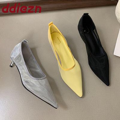 Модные женские туфли-лодочки с острым носком и сеткой, на низком каблуке, дышащие, женские, с неглубоким вырезом, на тонком каблуке, для дам, обувь слипоны