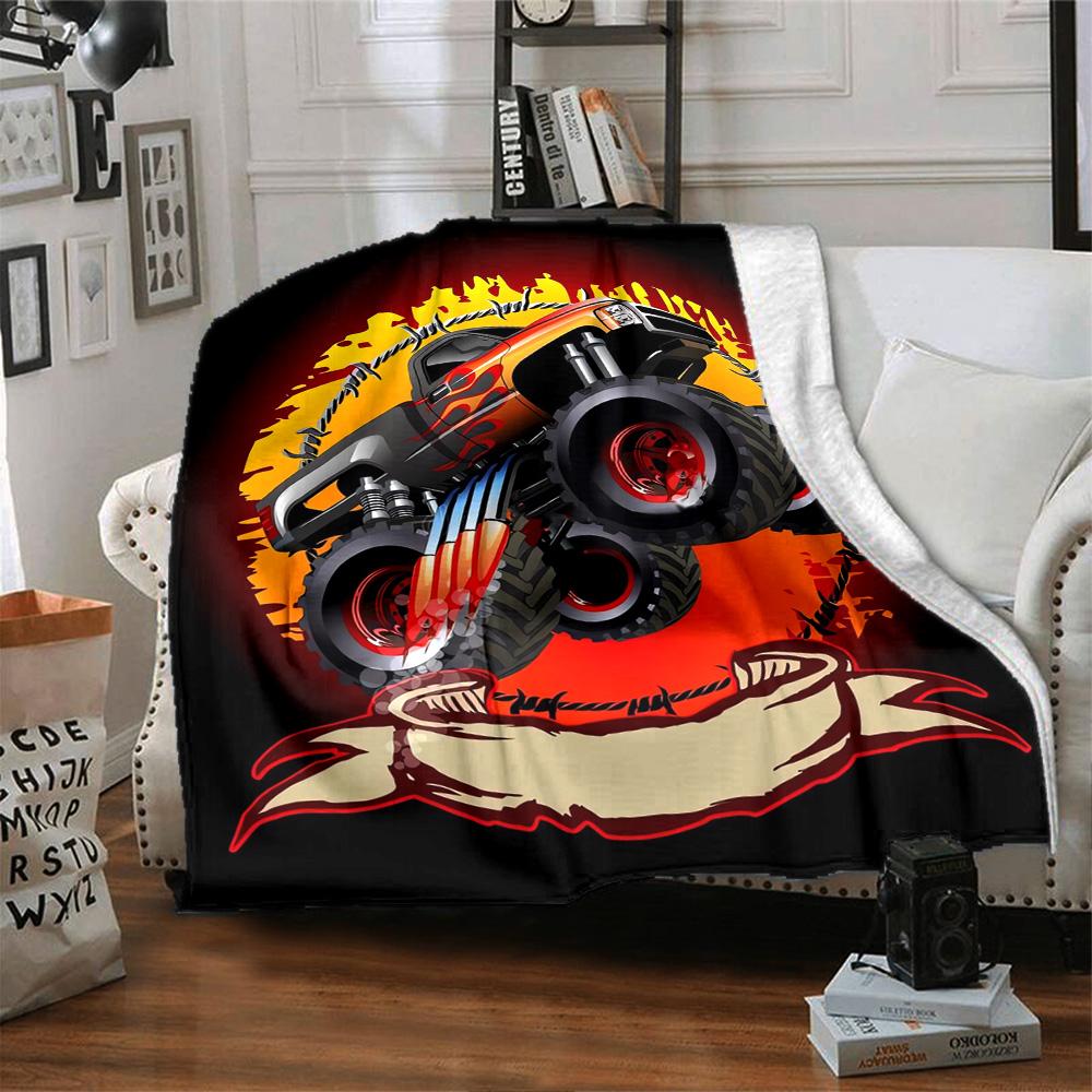 Monster Truck Flame Flannel Blanket Super Soft Warm Cozy Blanket for Sofa Bed Office Travel All‑Season Home Decor Gift