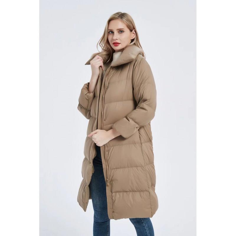 Womens Mid-Length Winter Down Coat With Large Lapel White Duck Fill 81-85% Content Slim Straight Fit