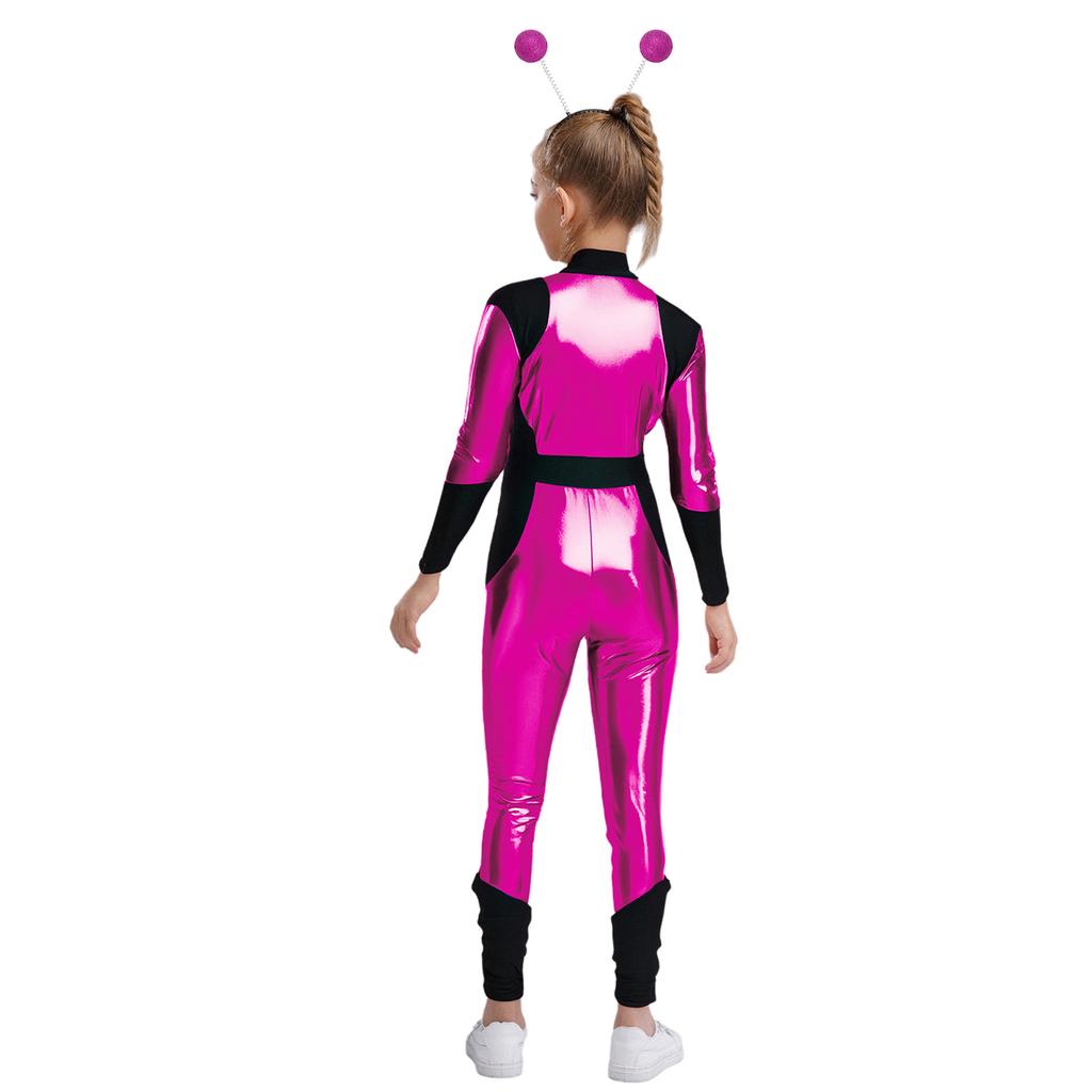 Детский Костюм Косплей Инопланетянин С Длинным Рукавом Высокая Талия Блестящий Металлический Молния Комбинезон Хэллоуин Боди