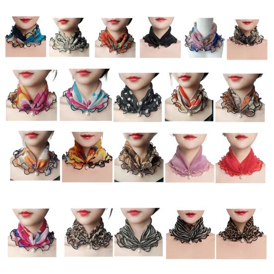 2Pcs Women Faux Silk Scarf Printing Faux Pearl Decor Lace Trim Lightweight Scarf Hand Strap Accessory