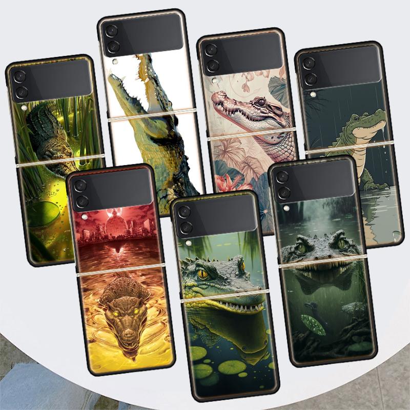 Crocodile Animal For Samsung Galaxy Z Flip 6 5 4 3 5G Phone Case Black Hard Cover ZFlip 6 5 4 3 Shockproof Bumper Coque