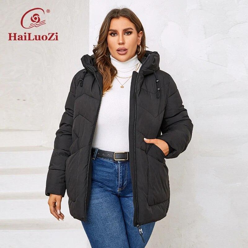 HaiLuoZi 2023 Plus Size New Women's Winter Jackets Short Warm Hooded Female Outwear Zip Up Big Pockets Quilted Coat Women 9959