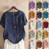 Women's Fashion Casual Temperament Round Neck Vintage Cotton And Hemp Solid Button Short Sleeve T-Shirt Top