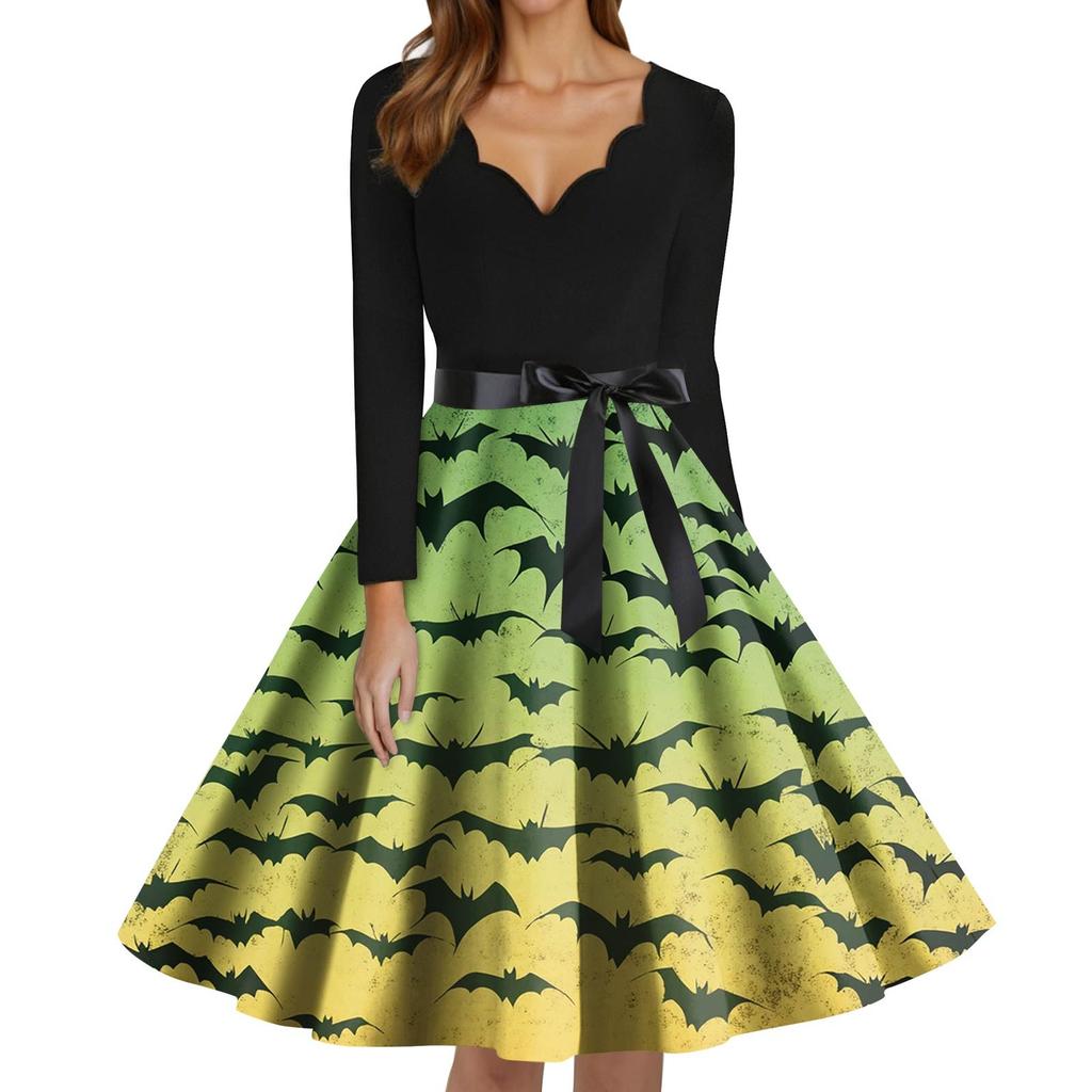 Women's Fashion V-Neck Casual Slim Fit Halloween Printed Long Sleeve Dress