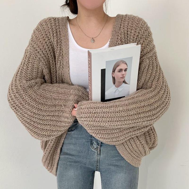 Плюс-размер Женщина 2024 Новая мода прилив свободный фонарь рукава вязаный кардиган свитер куртка пальто