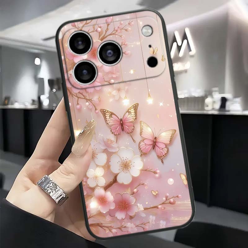 Чехол для телефона с узором «Цветок бабочки» для Apple iPhone 17 16 16E 15 14 13 12 11 Pro Max Plus Черный Мягкий Силикон