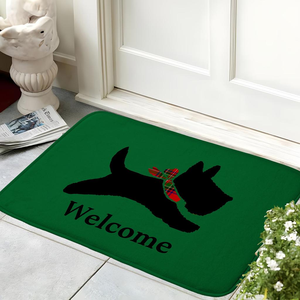 Scottish Terrier Welcome Doormat Black Scottie Dog Red Plaid Scarf Green Entrance Rug Cute Dog Welcome Floor Mat Home Decor