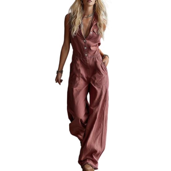 Summer Women Jumpsuit V Neck Sleeveless Front Button Casual Loose Wide Leg Pants Ladies Long Romper Overall with Dual