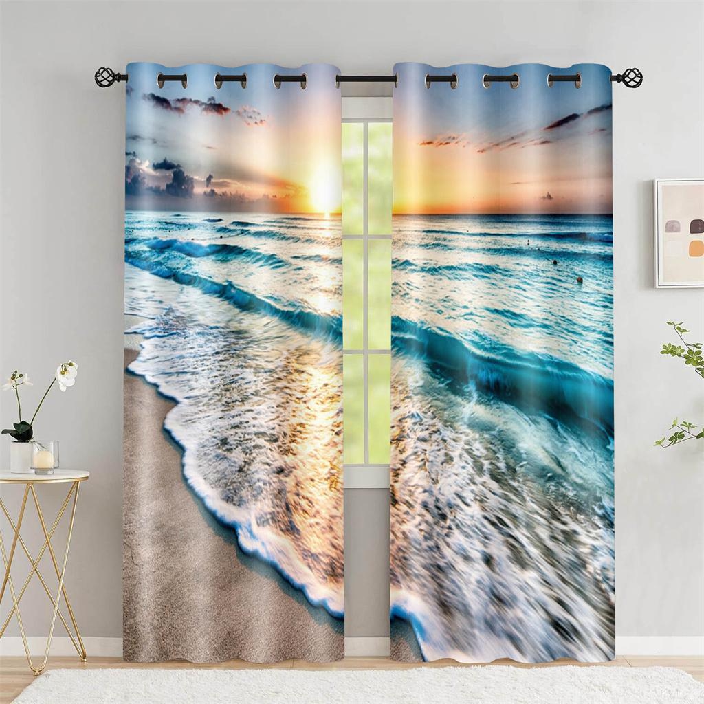 Летние пляжные шторы с оттенком кокосовой пальмы Гостиная Спальня Украшение дома Морской закат Пейзаж Цифровая печать Тонкие шторы