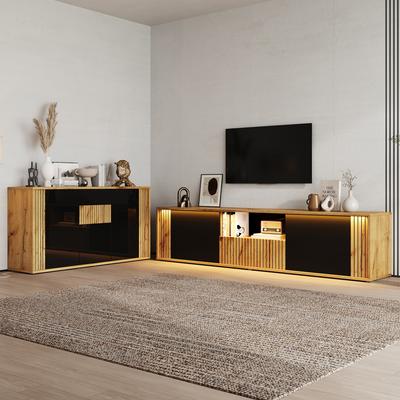 One Two-Door and One-Drawer TV Cabinet (180x40x51cm) + One Living Room Three-Door Sideboard (140x35x71cm), Black + Wood Tone, Suitable for 75-Inch TV