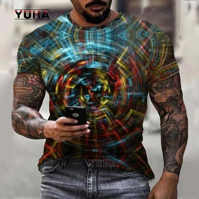 Красочная мужская футболка с абстрактным 3D принтом и коротким рукавом, уличная модная повседневная спортивная футболка большого размера 100-6XL