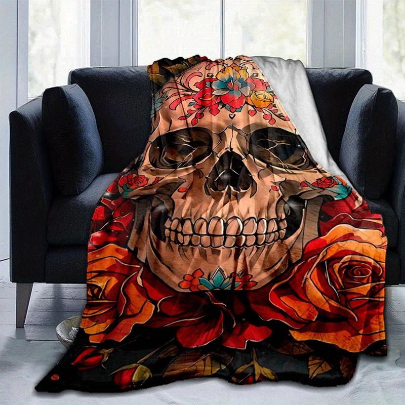 1pc Skull Printing Lightweight Flannel Blanket, Comfortable and Warm Blanket, for Camping Sofa Bed and Couch Office, Gift