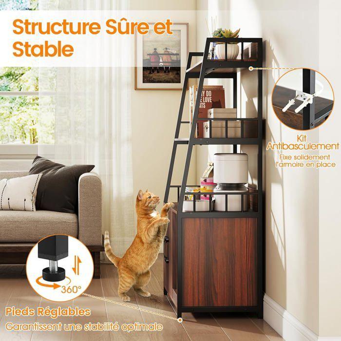 COSTWAY Cat Litter Cabinet with Shelves, Hidden Cat Toilet Cabinet, Charging Station, Double Doors, Walnut